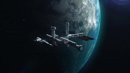 Wall Mural - A new space station in space orbiting the Earth. a concept on the theme of space exploration and technological progress