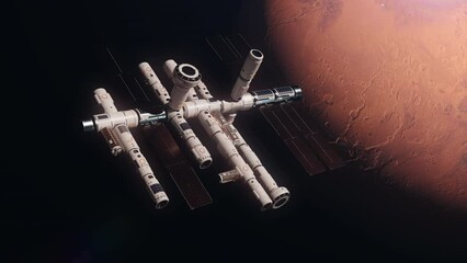 Wall Mural - the world's first space station orbiting mars. the concept of near-future space technology and the conquest of the nearest planets
