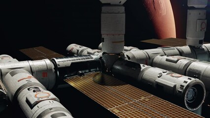 Wall Mural - the world's first space station orbiting mars. the concept of near-future space technology and the c