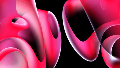 Wall Mural - 3d render of abstract art 3d background with part of surreal alien flower in curve wavy organic spherical biological lines forms in transparent glowing material in red pink gradient color on black 