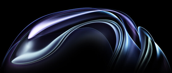 Wall Mural - 3d render of abstract art part of surreal alien flower in curve wavy round and spherical lines forms in transparent plastic material with glowing purple blue and violet color core on black background