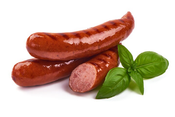 Wall Mural - Grilled bratwurst Pork Sausages with basil leaves, close-up, isolated on white background.