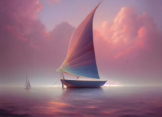 Poster - fantasy pink pastel sailboat at calm sea , digital art, illustration
