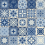 Fototapeta Kuchnia - Azulejo blue spanish portuguese style ceramic tiles, vintage symmetrical pattern for wall decoration, vector illustration