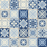 Fototapeta Kuchnia - Azulejo blue spanish portuguese style ceramic tiles, vintage symmetrical pattern for wall decoration
