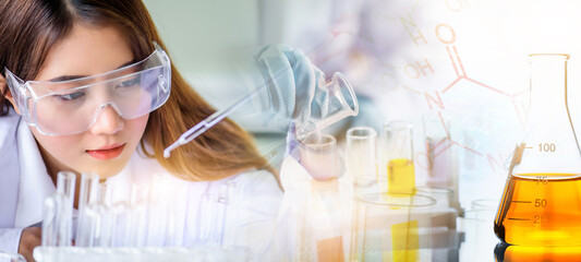 Wall Mural - attractive scientist woman testing chemical sample in flask at laboratory with lab glassware backgro