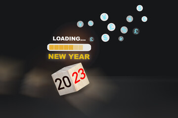 Loading new year 2023 happiness on wooden cube with currency symbol on nlack background. Business success with earning concept and start up idea