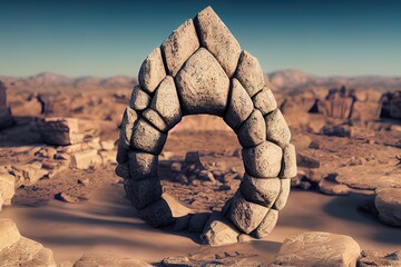Wall Mural - An ancient ruined city, stone ruins, arches, pillars, a magical portal to another world. Fantasy desert landscape with stone runes, mythology. 3D illustration