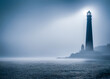 Seascape with a big lighthouse lighting the mist and the coast, soothing and relaxing. 3d illustration