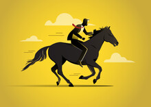 Businessman Riding A Black Horse Vector Illustration