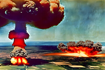 Wall Mural - an old autochrome photograph of an atomic bomb explosion with mushroom cloud