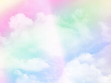 Beauty Sweet Pastel Green Purple  Colorful With Fluffy Clouds On Sky. Multi Color Rainbow Image. Abstract Fantasy Growing Light