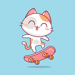 Poster - Cartoon Kitten jumping with skateboard kawaii style vector illustration. Baby Cat cartoon character. Kids tee print design. Animal Sport Icon in flat cartoon style
