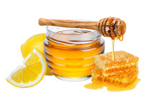 Lemon And Honey Isolated On White Or Transparent Background. Natural Treatment For Cough And Sore Throat.