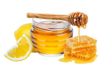 Wall Mural - Lemon and honey isolated on white or transparent background. Natural treatment for cough and sore throat.