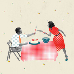 Wall Mural - Contemporary art collage. Creative design in retro style. Young couple, man and woman quarreling in the kitchen with knife and fork