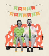 Contemporary art collage. Creative design in retro style. Young couple, man and woman with serious face sitting on sofa and wishing happy holidays