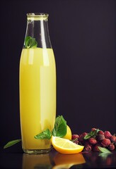 Wall Mural - Glass of fresh squizzed juice standing on the table with ripe fruits, oranges