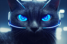 Angry Fantasy Futuristic Cyber Cat In Cyberpunk Style.