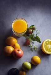 Wall Mural - Glass of fresh squizzed juice standing on the table with ripe fruits, oranges , flatlay