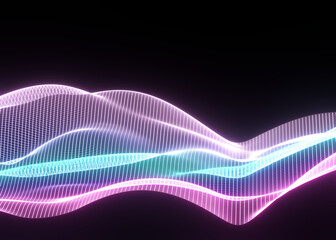 Poster - 3d abstract background of flying neon particles in motion, wavy lines flow big data technology and science theme, 3D dots array flowing in motion, nanotechnology.