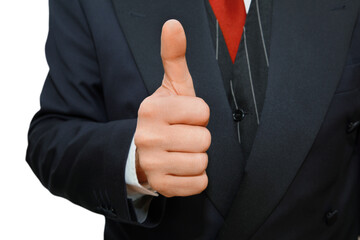 Wall Mural - gesture series: manager points with thumb symbolically everything ok. (detail shot)