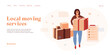 Relocation concept in flat vector design. Smiling woman packing and holding cardboard box or postal parcel. Delivery and shipping illustration. Web banner layout template