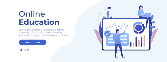 Online education concept. Vector layout for website page. Illustration in flat style with people studying remotely. Students learning online at home. Vector illustration EPS 10