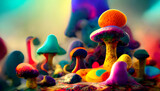 Fototapeta Psy - abstract colorful fluorescent neon mushrooms background, neural network generated art. Digitally generated image. Not based on any actual scene or pattern.