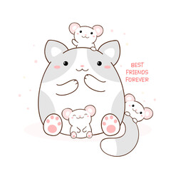 Wall Mural - Best friends forever. Square card with cute animals - funny fat cat and mouses. Can be used for design of t-shirt, poster, print, card