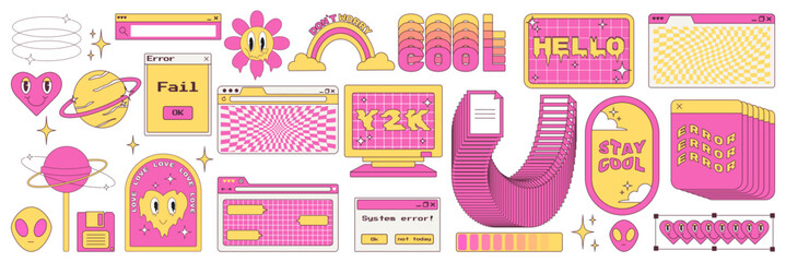 Fototapete - Big sticker set in trendy y2k style. Old computer aestethic. Retro pc elements, user interface. Nostalgia for 1990s -2000s. Vector illustrations.
