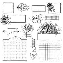 Set For A Bullet Journal With Floral Elements. Collection Of Drawings For A Diary, Weekly With Flowers. A Black Line On A White Background.