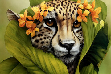 Wall Mural - close-up portrait of leopard in tropical flowers and leaves. picturesque portrait of cheetah . digit