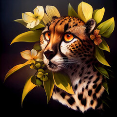 Wall Mural - close-up portrait of leopard in tropical flowers and leaves. picturesque portrait of cheetah . digit