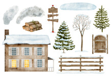 Watercolor Winter House Set. Christmas Landscape. Hand Drawn Cottage Building, Chimney Smoke, Wooden Fence, Gates, Bare Tree, Snowy Fir Trees And Snowdrift Illustrations Isolated On White Background