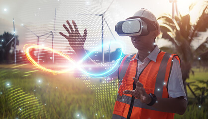 Leinwandbilder - Infinity symbol eco environmental technology, engineer virtual reality vr simulator connectivity unlimited data energy storage limitless electricity, infinite illustration wind turbine background