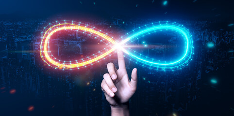 Leinwandbilder - Businessman pointing infinity symbol connection dots data technology, cyber space future unlimited infinite power energy internet information limitless usage, vector illustration blue city background