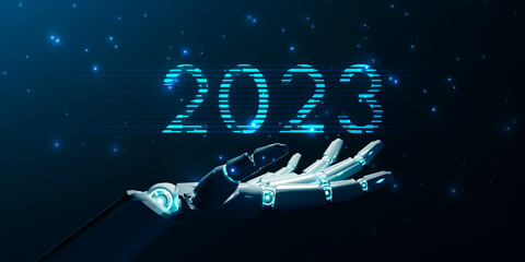 Aufkleber - 2023 new year AI robotic artificial intelligence digital cyber space technology concept, innovation development futuristic tech, 3D ai hand graphic text banner illustration technology blue background