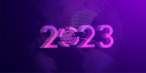 Poster - 2023 new year digital world technology concept, growth economy business innovation development future technology connection, 3d render graphic text banner illustration technology purple background