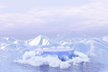 Abstact 3d Render Scene And Natural Podium Background, Podium Covered Cloud Is Floating On The Sea Backdrop Ice Snow Mountain For Product Display Advertising Cosmetic Beauty Products Or Skincare