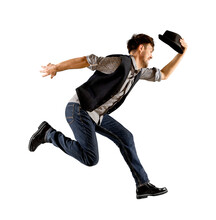 Man With Black Hat Dancing On White Background
