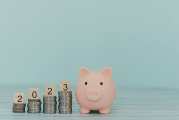 Text of 2023 number written on wooden blocks with coins stacks  and blur of piggy bank on light blue background,Business and Saving money for new life new year concept,Selective focus,Cinematic tone.