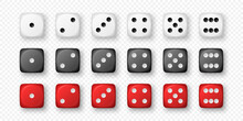 Vector 3d Realistic White, Black, Red Game Dice Icon Set Closeup Isolated. Game Cubes For Gambling, Casino Dices From One To Six Dots, Round Edges