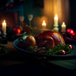 © maxtrks28 - christmas dinner table setting with candle lights and ornaments AI generated