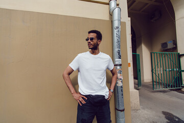 Wall Mural - Stylish african american man in white blank t-shirt and sunglasses. Mock-up.