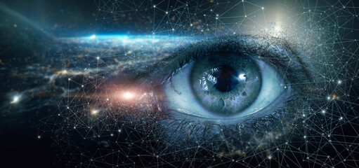 Eye emerging from the network of connections on the background of the outer space .