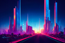 Futuristic City At Night With Neon Lights And High-rise Buildings. AI-generated Cyberpunk 3D-image
