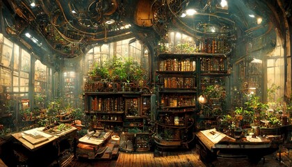 Steampunk and synthwave old victorian library illustration