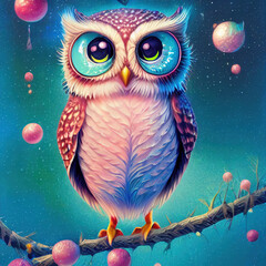 cartoon little owl, big eyes, fantasy style, art illustration