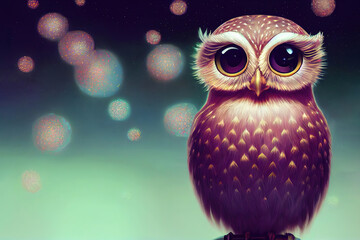 cartoon little owl, big eyes, fantasy style, art illustration